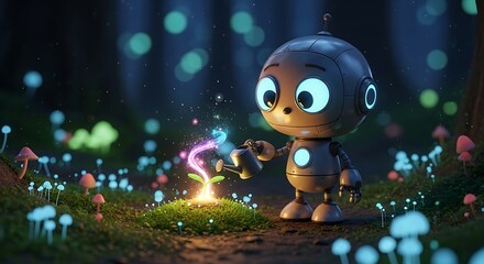 Fototapeta premium A whimsical robot explores a magical, glowing forest at twilight