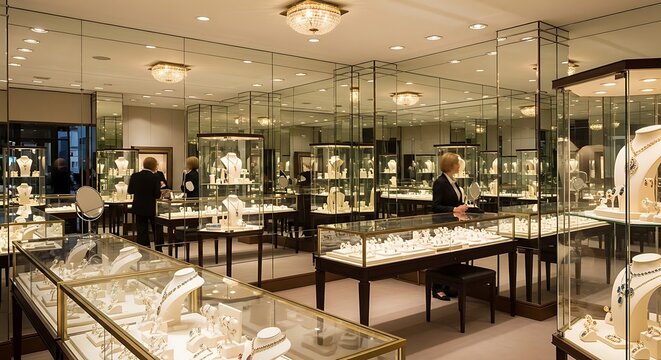 Elegant jewelry store interior with mirrored walls and display cases featuring luxury items
