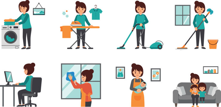 Set of multitasking woman doing household chores including laundry ironing vacuuming cleaning windows and working at office flat vector illustration