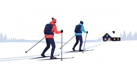 Two people cross country skiing in snowy landscape with house and trees in the background wearing backpacks and holding ski poles