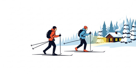 Fototapeta premium Two skiers in winter landscape with snow covered house and trees skiing adventure