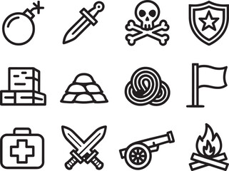 Fototapeta premium Collection of hand-drawn battle and war icon set in outline style
