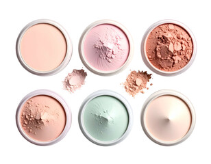 Six cosmetic powder compacts in varying shades, some with loose powder