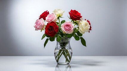 Fototapeta premium Beautiful bouquet of roses arranged in a clear glass vase on a white table.