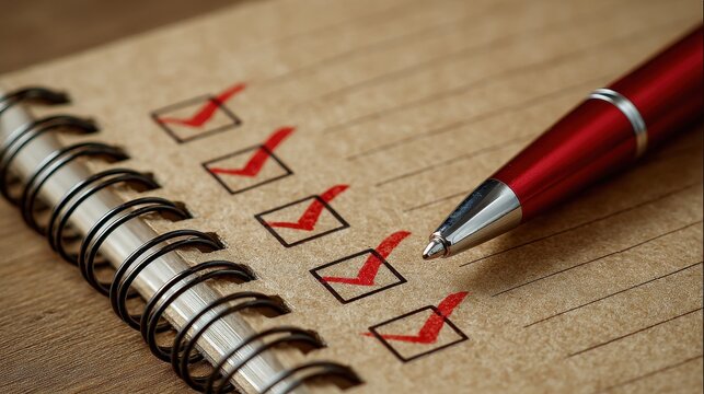 Checklist with red checkmarks and a red pen on a notebook