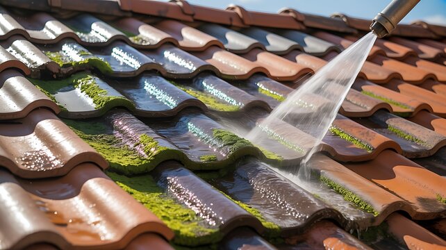 A close-up view of a tiled roof with moss and algae growth, showing water droplets.