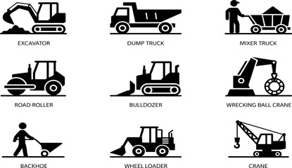 Construction vehicles silhouettes, heavy machinery icons, excavator vector, dump truck clipart, bulldozer illustration, crane design, road roller artwork, industrial equipment symbols © Monjurul Creatives
