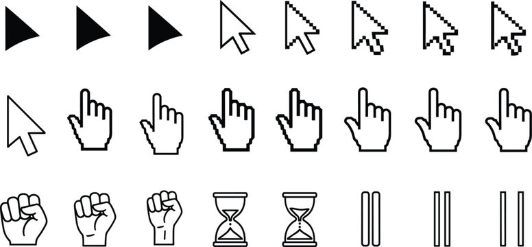 Retro Pixel Art Computer Cursor Icon Set with Arrow Pointers Hand Clicking Symbols Hourglass Waiting Signs and Fist Gestures for Web Design and User Interface Elements