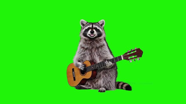 A 3D animated raccoon strumming an acoustic guitar on a green screen background for easy background removal. This clip is suitable for folk music themes, campfire stories, or whimsical storytelling co
