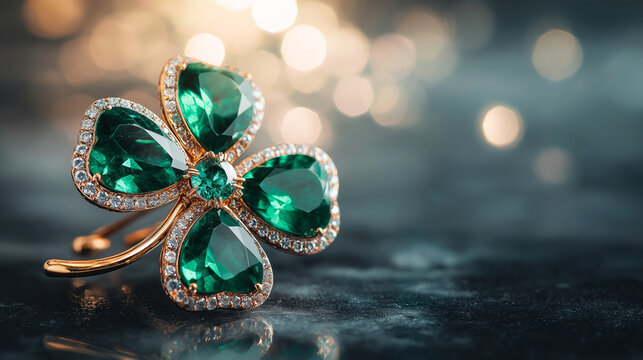Elegant gold brooch with four green emerald petals and brilliant diamonds, resting on a reflective surface with bokeh lights