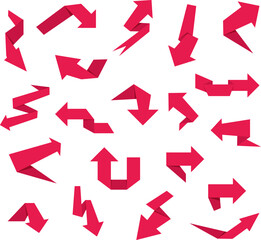 Red origami arrow set with folded paper style and dynamic directions. Modern geometric arrows for navigation, workflow, infographics, presentations, web design, UI elements, branding, marketing visual