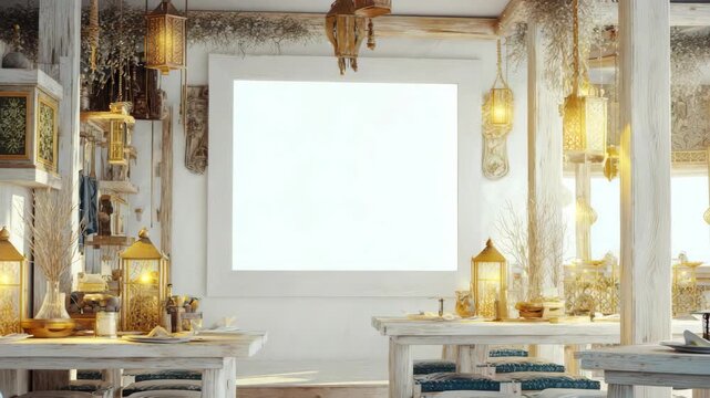 Warm rustic restaurant interior with wooden tables, golden lanterns, and a blank white frame on a white wall, concept of hospitality decor