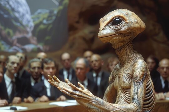 Meeting of beings in suits with alien at a conference room discussing space exploration and galactic knowledge