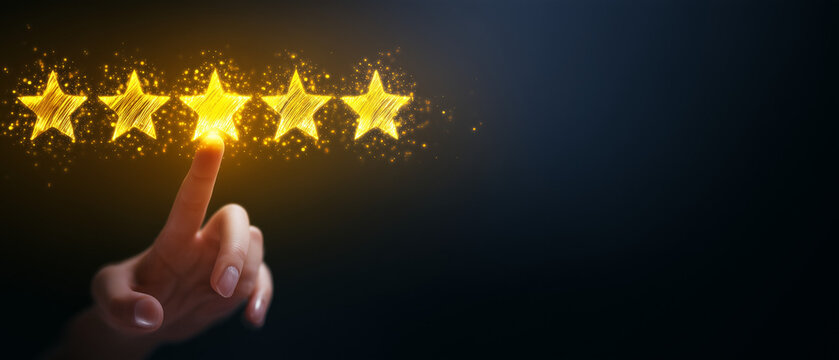 M&atilde;o tocando avalia&ccedil;&atilde;o de cinco estrelas iluminadas representando satisfa&ccedil;&atilde;o do cliente, qualidade de servi&ccedil;o e excel&ecirc;ncia, conceito de feedback positivo e reputa&ccedil;&atilde;o