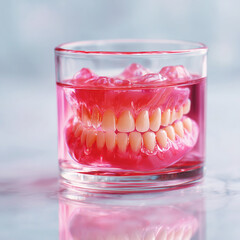 Dentures soaking in pink liquid inside a glass on marble surface  