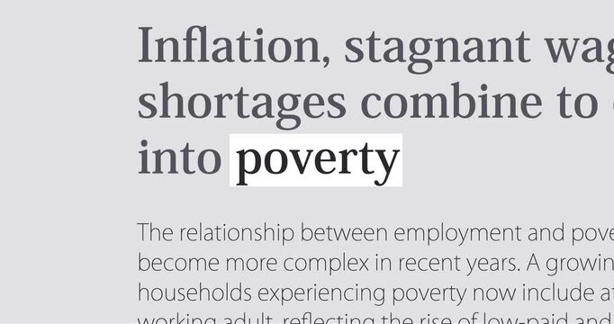 Poverty or want, destitution and rising economic hardship, declining living standards, changing news headlines sequence across media, loop footage