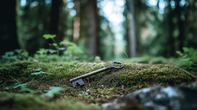 Antique skeletal key resting on vibrant green moss, symbolizing hidden secrets, forgotten history, and new opportunities in nature