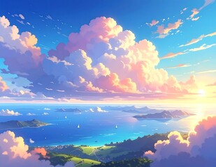 Fototapeta premium Serene Coastal Vista - Anime-Inspired Landscape with Pastel Clouds.