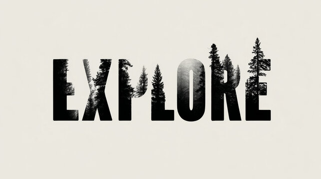 EXPLORE word in a bold, black font revealing a pine forest silhouette, symbolizing nature, wilderness, and outdoor adventure