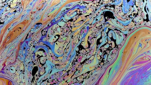 Soap bubble breaking apart in slow motion near collapse. Its fragile surface fragments, stretches and thins, revealing the final stage before bursting completely.