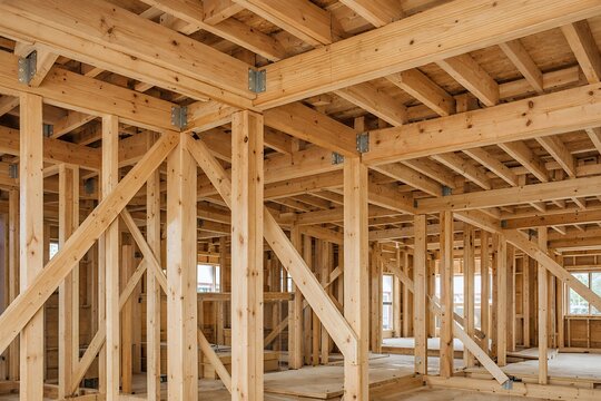 木造住宅の建築現場で組み上げられた新しい柱と梁が美しい構造躯体の屋内写真