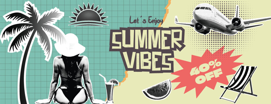 Retro vintage pop art comic style halftone collage travel agency banner for summer holiday vacation banner Vintage summer vibes travel poster with palm tree airplane beach chair and watermelon design