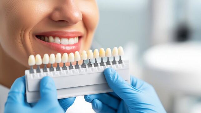 Dentist using tooth shade guide for matching veneers to a smiling woman's bright white teeth