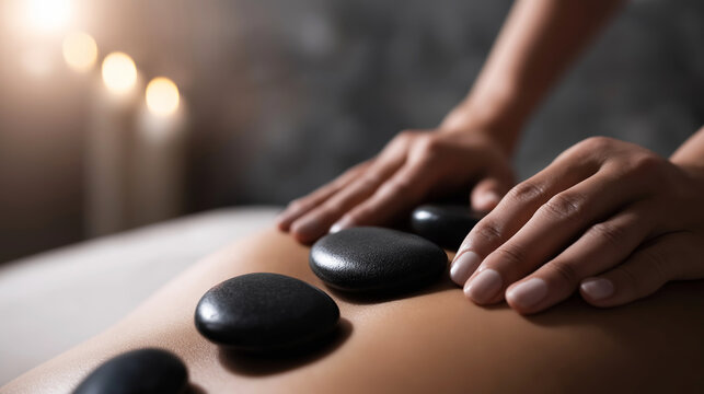 Hands placing smooth black hot stones on a person's bare back, providing deep relaxation and spa therapy