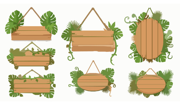 Tropical Wooden Hanging Sign Boards Vector Set with Monstera Leaves and Jungle Vines for Game UI