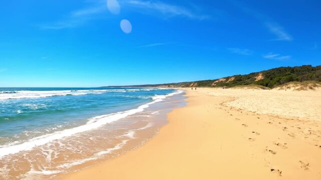 Sunny Beach Landscape with Golden Sand and Blue Sky