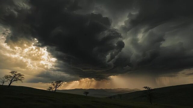 Towering storm clouds churn over rolling grasslands as a distant rain core descends; a gap in the squall lets warm sunset light spill across the horizon, casting dramatic contrasts.