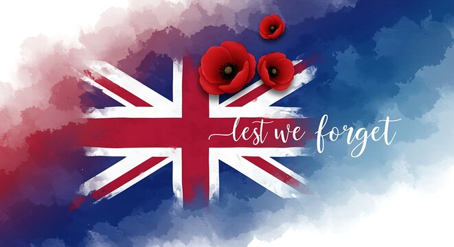 UK flag with poppies and lest we forget text on watercolor background