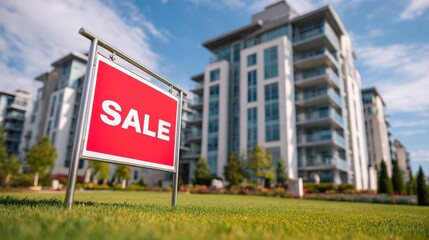 Red 'Sale' sign in front of modern apartment buildings on a sunny day