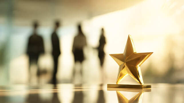 Golden star trophy reflecting on a surface with blurred business people working in a bright modern office
