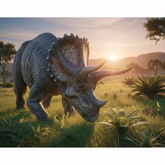 Fototapeta premium Triceratops Grazing in Prehistoric Grassland