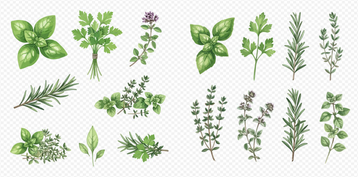 A large collection of fresh green culinary herbs and spices for cooking, isolated on a transparent background.