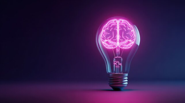 Glowing pink brain inside a light bulb with a dark purple background