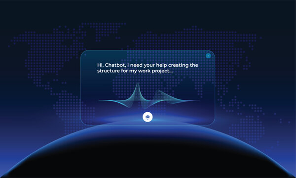 Glassmorphism Chatbot conversation, futuristic user interface, artificial intelligence, glass morphing, sound waves, and a talking icon. Modern and elegant design, AI navigation, and smart commands. 