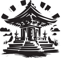 Minimalistic Sumi-e vector illustration of a Japanese Temple Bui