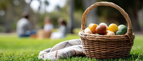 Obraz premium Children enjoy an easter egg hunt in a park with green grass and a basket filled with colorful eggs during a sunny day