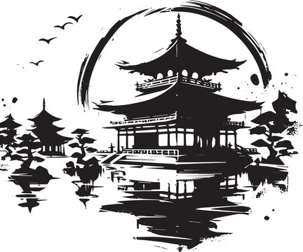 Elegant pagoda silhouette against ink circle with birds in fligh