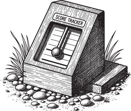 Monochrome woodcut engraving illustration of a rustic wooden sco