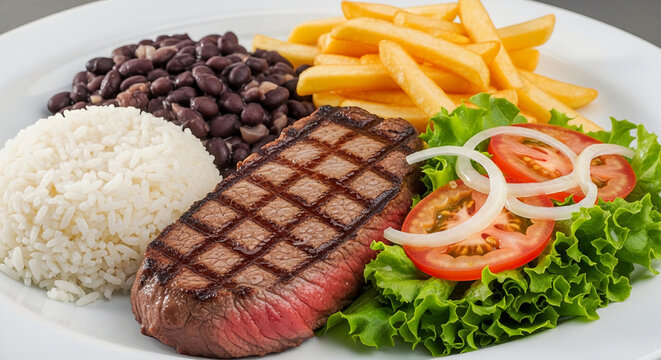 Traditional Brazilian Lunch Plate (Prato Feito) with Rice, Beans, Steak, Fries and Salad