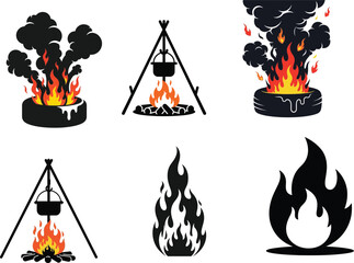 Collection of campfire and flame icons in various styles and settings © Parvin