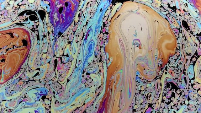 Soap bubble breaking apart in slow motion near collapse. Its fragile surface fragments, stretches and thins, revealing the final stage before bursting completely.
