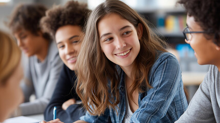 Obraz premium Happy multiethnic group teenager student friends classroom discussion, positive support communication showing, learning together moment educational diversity, with copy space