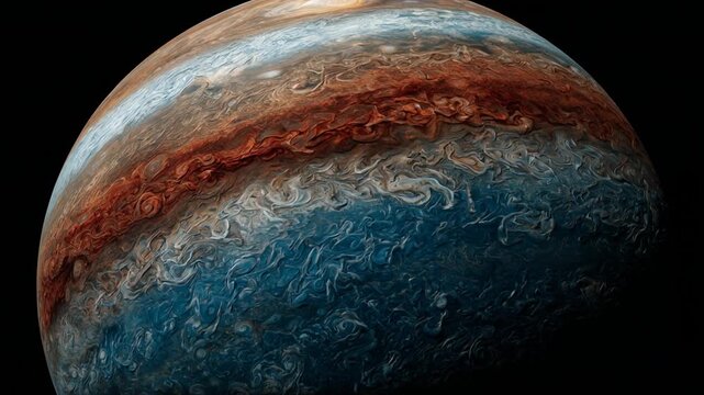 Close up of jupiters swirling atmospheric bands and the great red spot