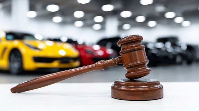Wooden auction gavel resting on table with blurred luxury cars, symbolizing vehicle sales and legal judgment