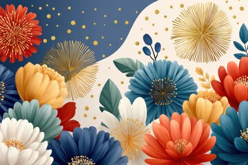 Colorful floral backdrop with blue, gold, and red bursts on a dark blue background