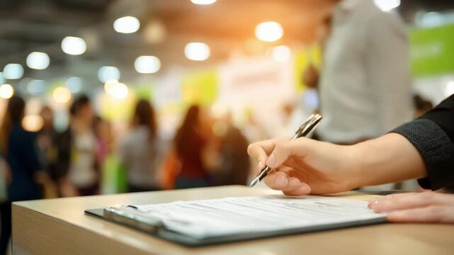 Shot of a medical assistant documenting vaccination records at a designated immunization desk with patient interactions and busy clinic environment softly out of focus.